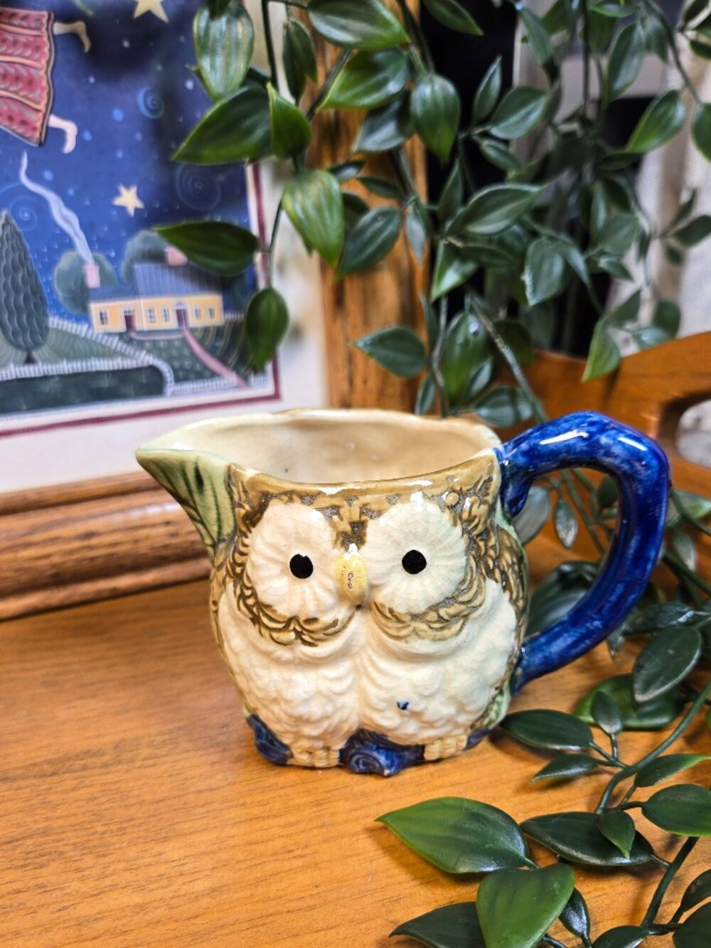 Japan Owl Creamer Cobalt Blue Ceramic Pitcher